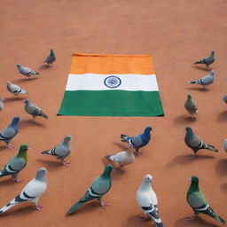 A larger group of realistic pigeons on the ground, their colors skillfully arranged to form a vivid representation of the Indian flag. The saffron, white, and green are clearly defined, while pigeon feed forms a more prominent navy blue Ashoka Chakra at the center.