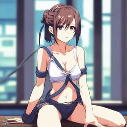 An anime-style image of a beautiful girl tied up