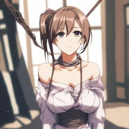 An anime-style image of a beautiful girl tied up