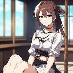 An anime-style image of a beautiful girl tied up