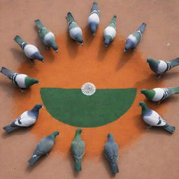 A larger group of realistic pigeons on the ground, their colors skillfully arranged to form a vivid representation of the Indian flag. The saffron, white, and green are clearly defined, while pigeon feed forms a more prominent navy blue Ashoka Chakra at the center.