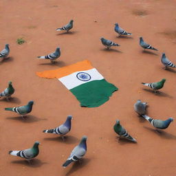 A larger group of realistic pigeons on the ground, their colors skillfully arranged to form a vivid representation of the Indian flag. The saffron, white, and green are clearly defined, while pigeon feed forms a more prominent navy blue Ashoka Chakra at the center.