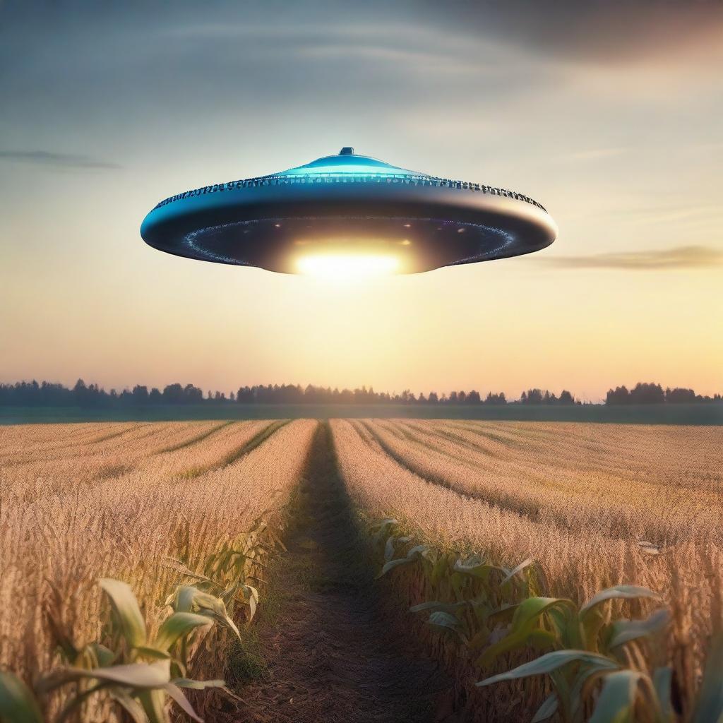 A realistic photograph of a UFO hovering over a cornfield at dusk