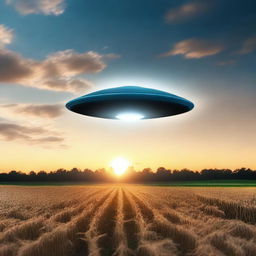 A realistic photograph of a UFO hovering over a cornfield at dusk