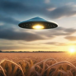 A realistic photograph of a UFO hovering over a cornfield at dusk