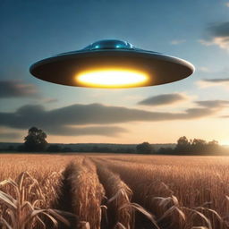 A realistic photograph of a UFO hovering over a cornfield at dusk