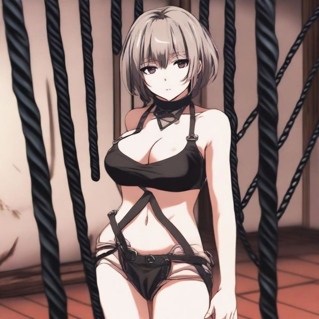 A beautiful anime girl depicted as a slave in a BDSM-themed scene, including a gag