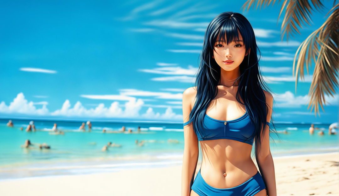 A full-body image of a Japanese girl in a skin-tight blue bikini at a picturesque beach with golden sand, gentle waves, and palm trees