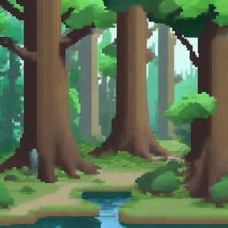 Convert the provided concept art of a forest environment into pixel art