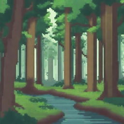 Convert the provided concept art of a forest environment into pixel art