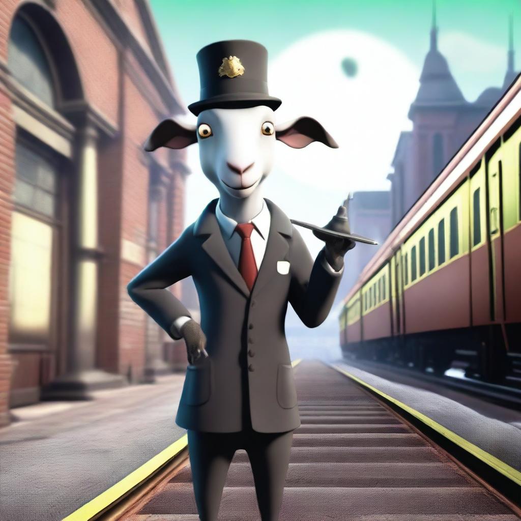 Create an image of Pilgor, the goat from Goat Simulator, dressed as an inspector in a ghost station