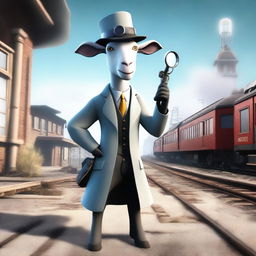 Create an image of Pilgor, the goat from Goat Simulator, dressed as an inspector in a ghost station