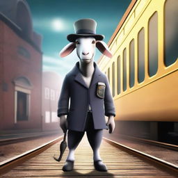 Create an image of Pilgor, the goat from Goat Simulator, dressed as an inspector in a ghost station