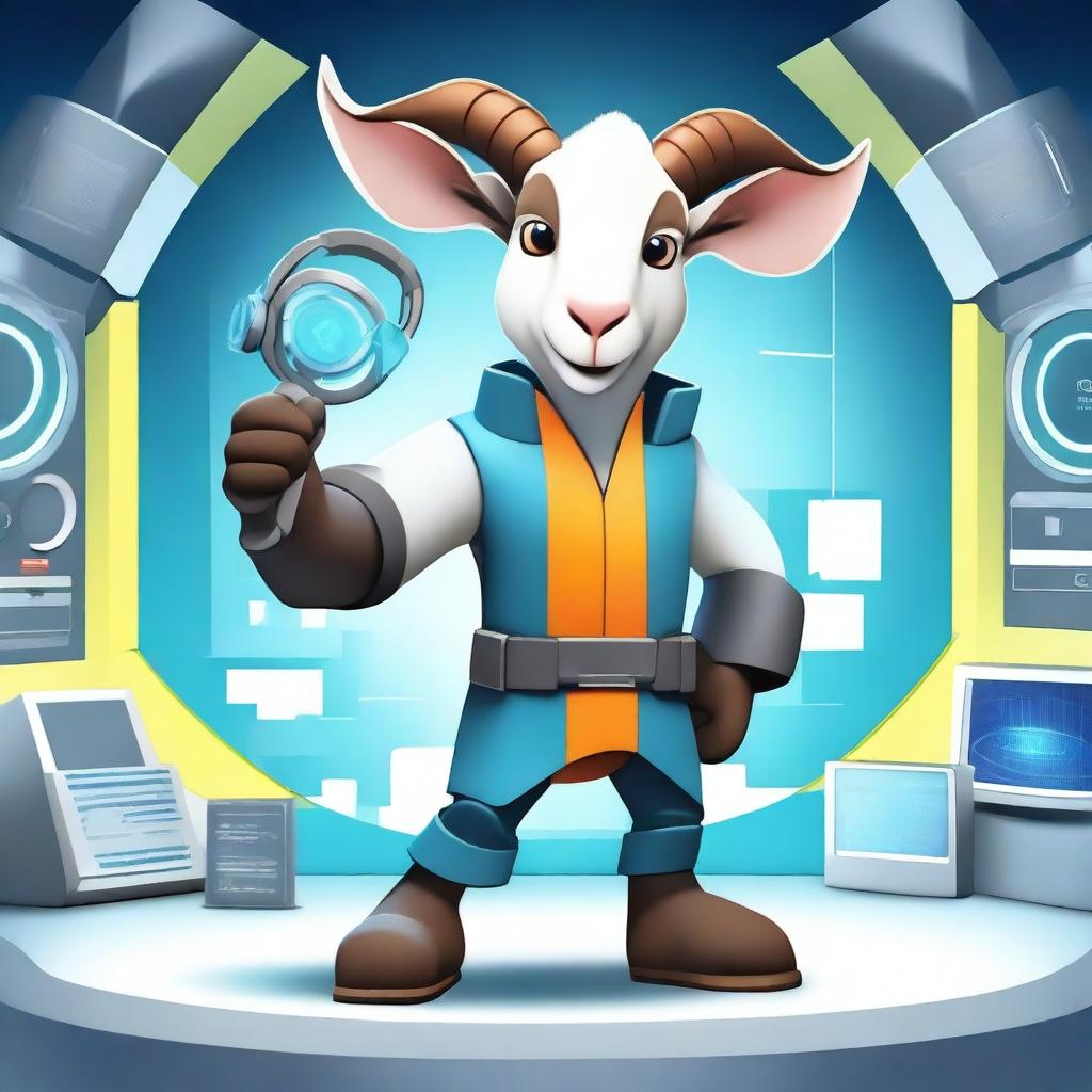 Create an image of a heroic goat named Pascal, dressed in a G-Force style outfit with high-tech gadgets and a confident stance