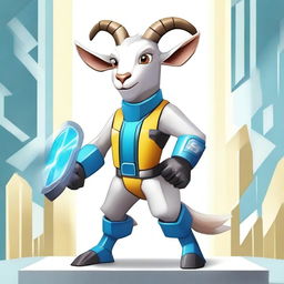 Create an image of a heroic goat named Pascal, dressed in a G-Force style outfit with high-tech gadgets and a confident stance