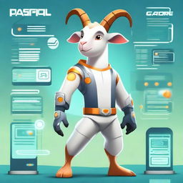 Create an image of a heroic goat named Pascal, dressed in a G-Force style outfit with high-tech gadgets and a confident stance