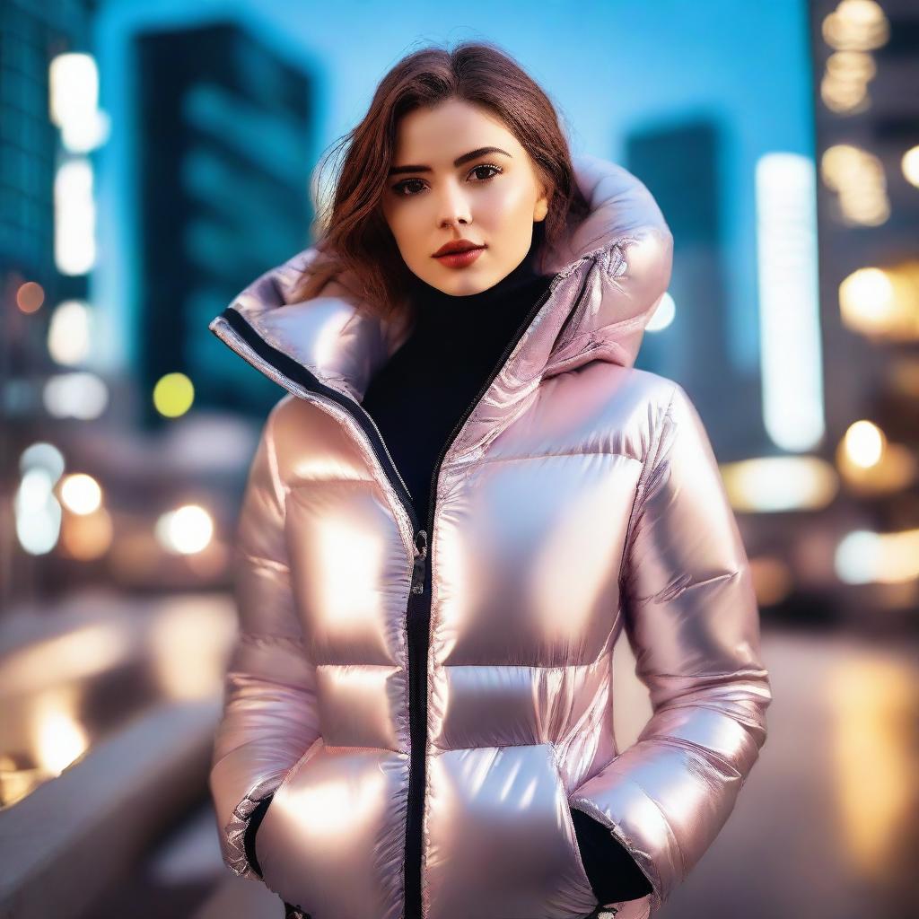 A stylish young woman wearing a tight, shiny puffer jacket