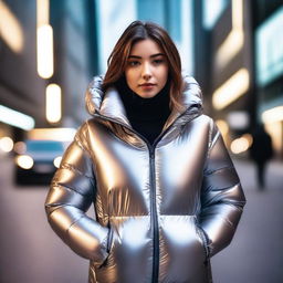 A stylish young woman wearing a tight, shiny puffer jacket