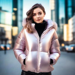 A stylish young woman wearing a tight, shiny puffer jacket