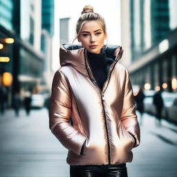 A stylish young woman wearing a tight, shiny puffer jacket