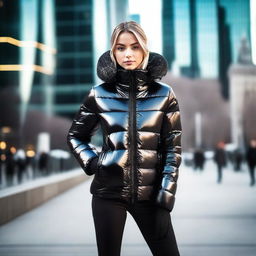 A stylish young woman wearing a tight, shiny black puffer jacket