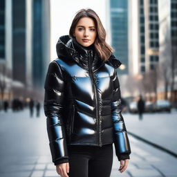 A stylish young woman wearing a tight, shiny black puffer jacket