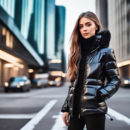 A stylish young woman wearing a tight, shiny black puffer jacket