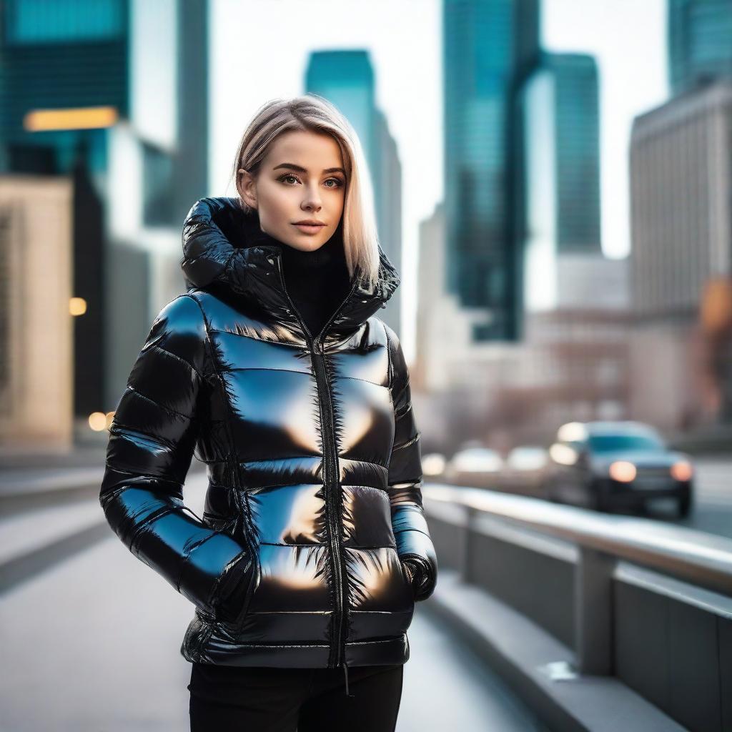 A stylish young woman wearing a tight, shiny black puffer jacket