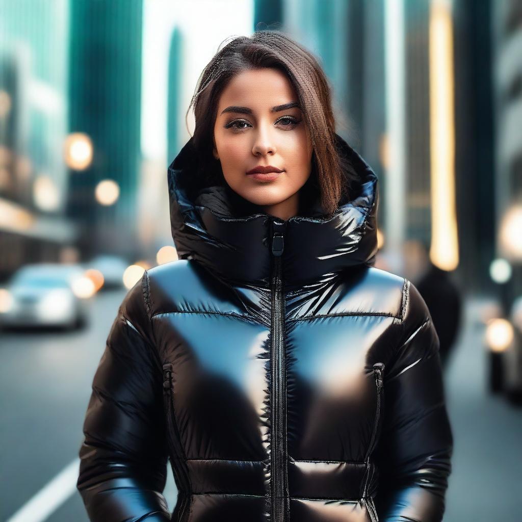 A stylish young woman wearing a tight, shiny black puffer jacket