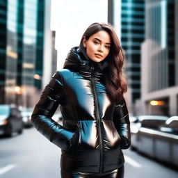 A stylish young woman wearing a tight, shiny black puffer jacket