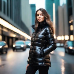 A stylish young woman wearing a tight, shiny black puffer jacket