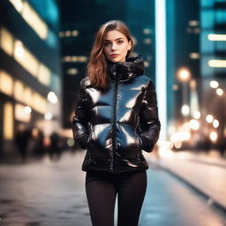 A stylish young woman wearing a tight, shiny black puffer jacket