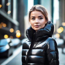 A stylish young woman wearing a tight, shiny black puffer jacket