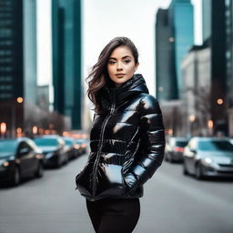 A stylish young woman wearing a tight, shiny black puffer jacket