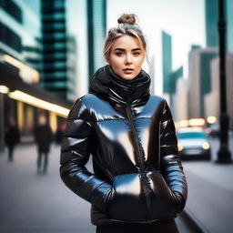 A stylish young woman wearing a tight, shiny black puffer jacket