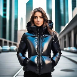 A stylish young woman wearing a tight, shiny black puffer jacket