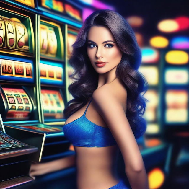 Create a photo-realistic image of a sexy woman in blue lingerie playing a slot machine