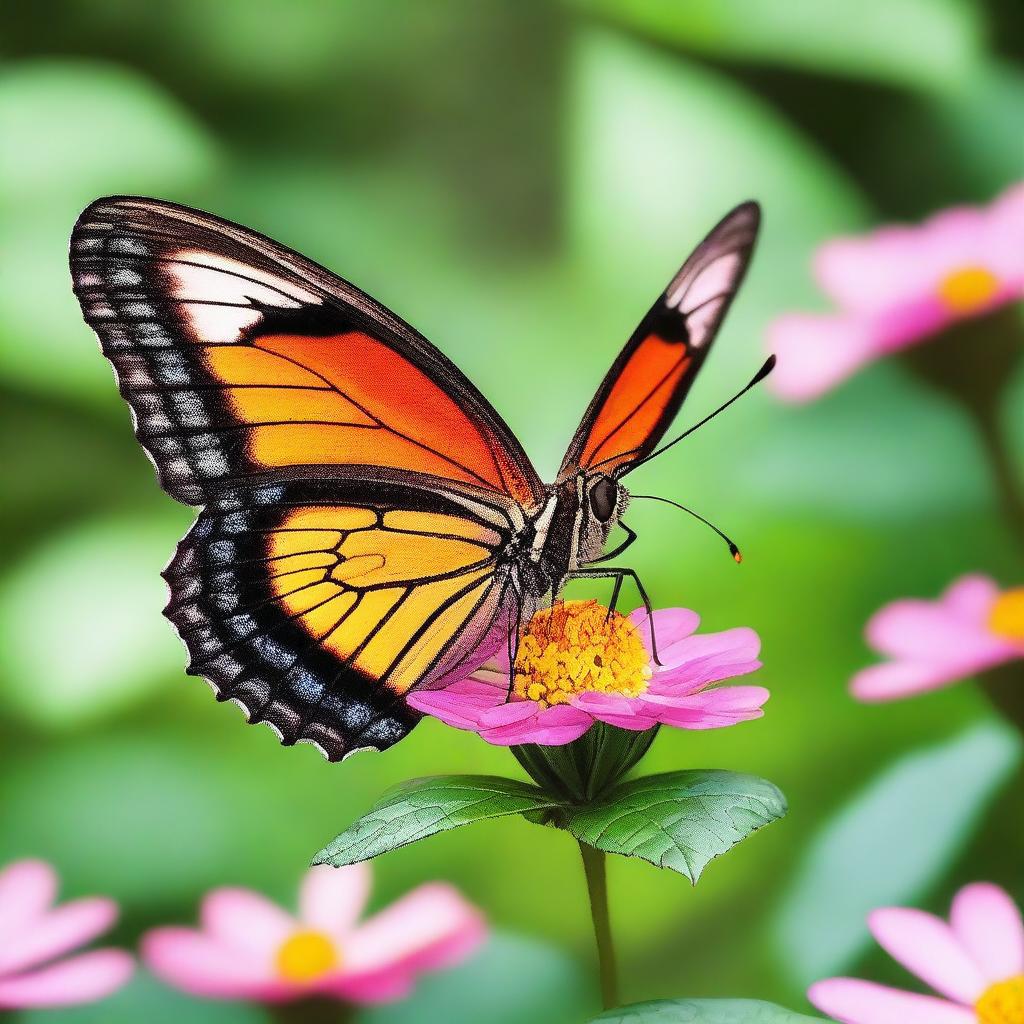 A realistic photograph of a butterfly in a natural setting, showcasing its vibrant colors and delicate wings