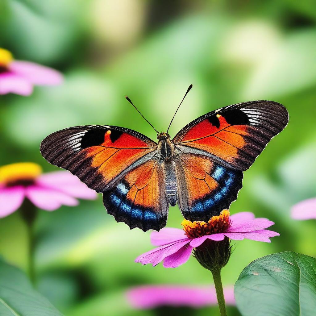 A realistic photograph of a butterfly in a natural setting, showcasing its vibrant colors and delicate wings