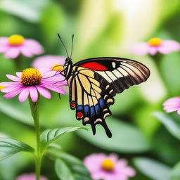 A realistic photograph of a butterfly in a natural setting, showcasing its vibrant colors and delicate wings