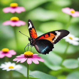 A realistic photograph of a butterfly in a natural setting, showcasing its vibrant colors and delicate wings