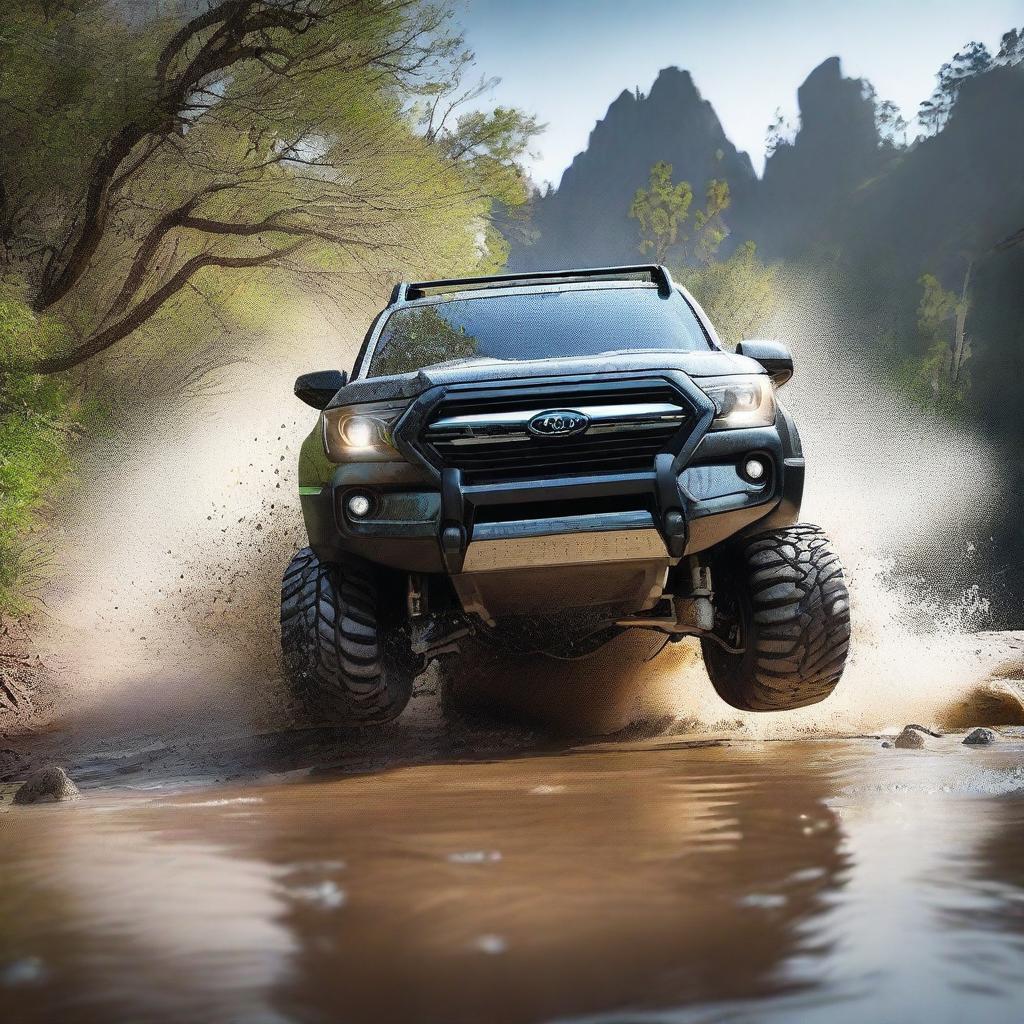 A detailed image of a 4x4 off-road vehicle splashing through water, creating a dynamic scene with water droplets in mid-air