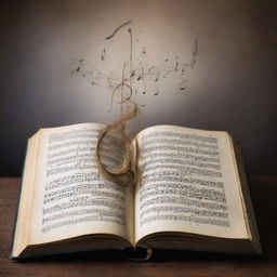 An image of a book with mystical musical notes emerging from its pages, symbolizing how music serves as a magical narrative element.