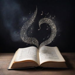 An image of a book with mystical musical notes emerging from its pages, symbolizing how music serves as a magical narrative element.