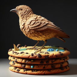 A hyper-realistic image of an enormous cookie with an intricately detailed bird perched on top.