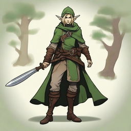 A forest elf rogue wanderer, 440 years old, with a chaotic good alignment, depicted in a Dungeons & Dragons style