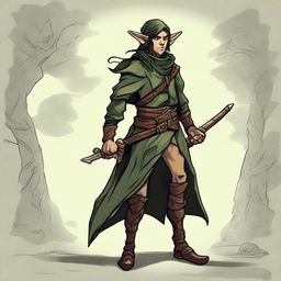 A forest elf rogue wanderer, 440 years old, with a chaotic good alignment, depicted in a Dungeons & Dragons style