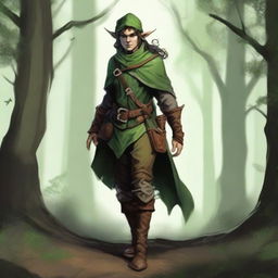 A forest elf rogue wanderer, 440 years old, with a chaotic good alignment, depicted in a Dungeons & Dragons style