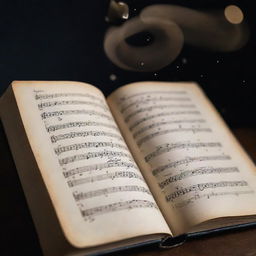 An image of a book with mystical musical notes emerging from its pages, symbolizing how music serves as a magical narrative element.