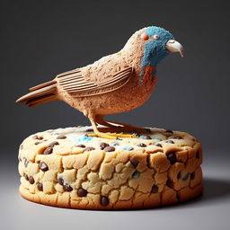 A hyper-realistic image of an enormous cookie with an intricately detailed bird perched on top.